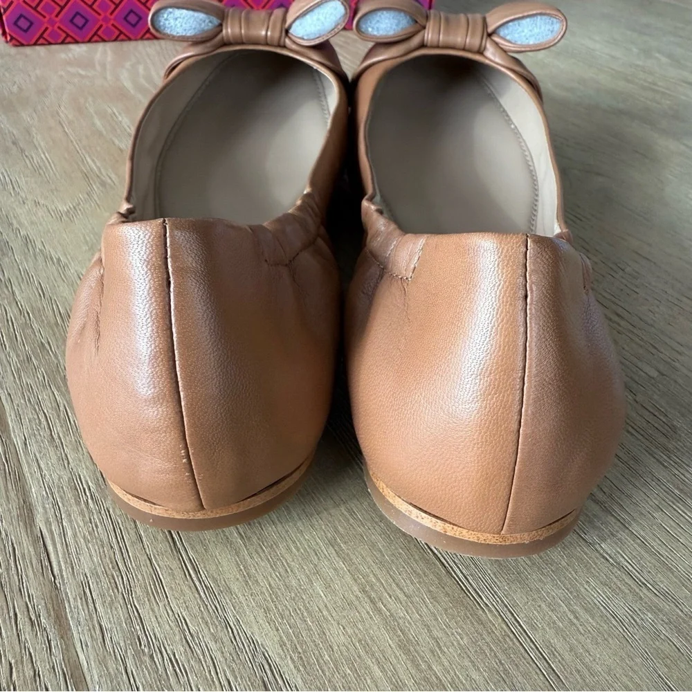 Tory Burch Royal Tan Nappa Leather Divine Bow Driver Ballet Flats